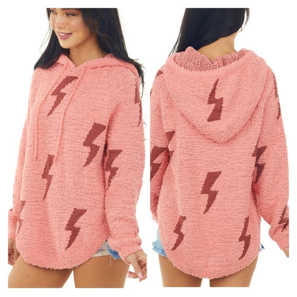 NWT⚡️Cozy Pullover Hoodie Medium Pink Long Sleeve Lightning Bolt Teddy Fuzzy - Picture 5 of 16